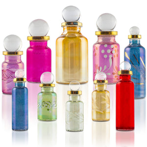 Genie Blown Glass Miniature Perfume Bottles for Perfumes & Essential Oils, Set of 10 Decorative Vials, Each 2" High (5cm), Assorted Colors