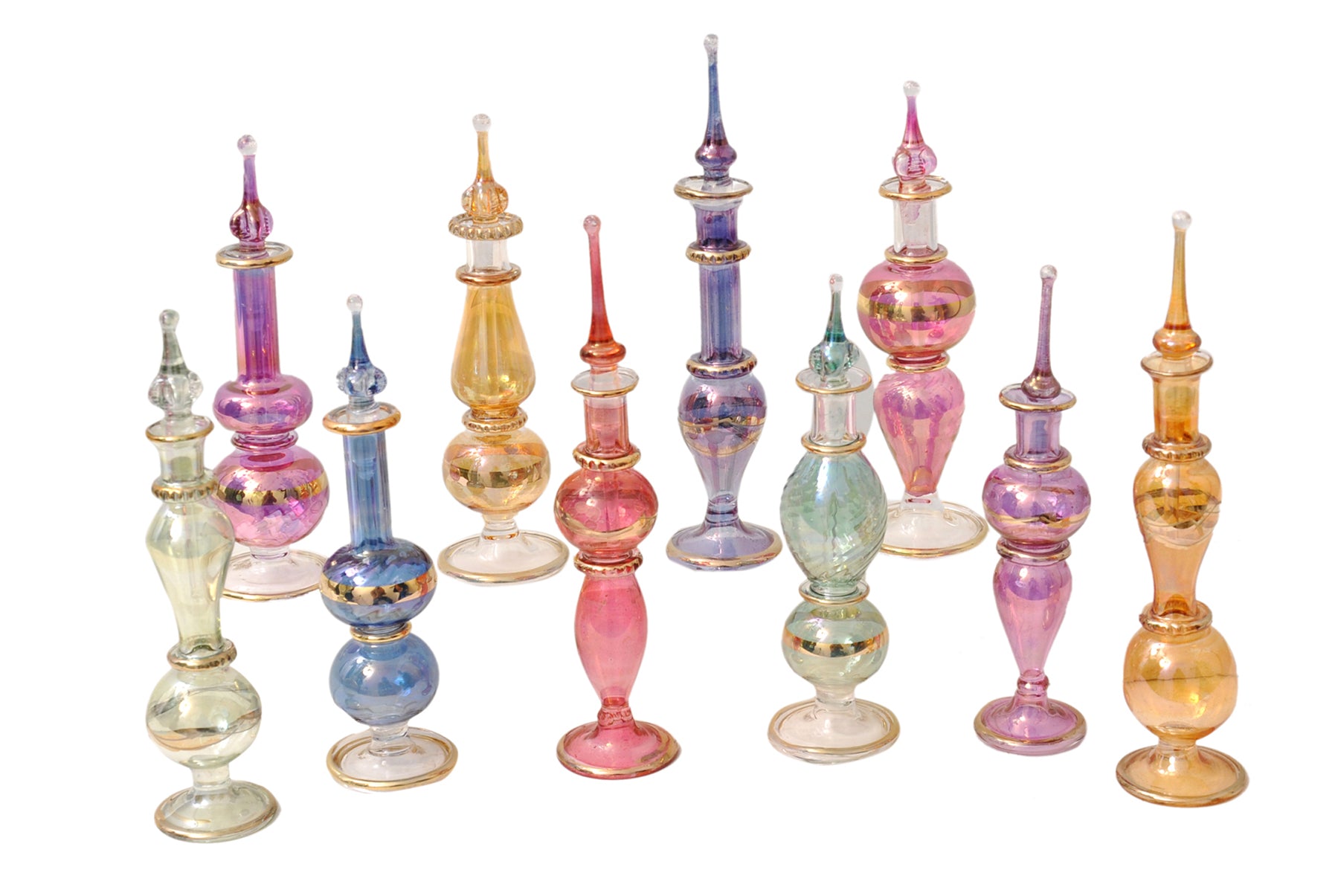 Genie Blown Glass Miniature Perfume Bottles for Perfumes & Essential Oils, Decorative Vials 4in High (12cm), Assorted Colors