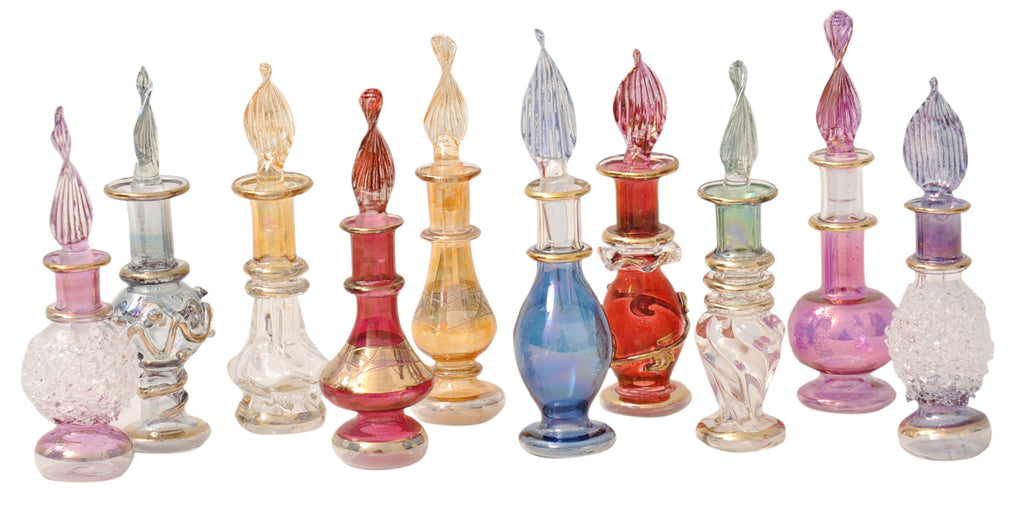 CraftsOfEgypt Genie Blown Glass Miniature Perfume Bottles for Perfumes & Essential Oils, Set of 10 Decorative Vials, Each 2" High (5cm), Assorted