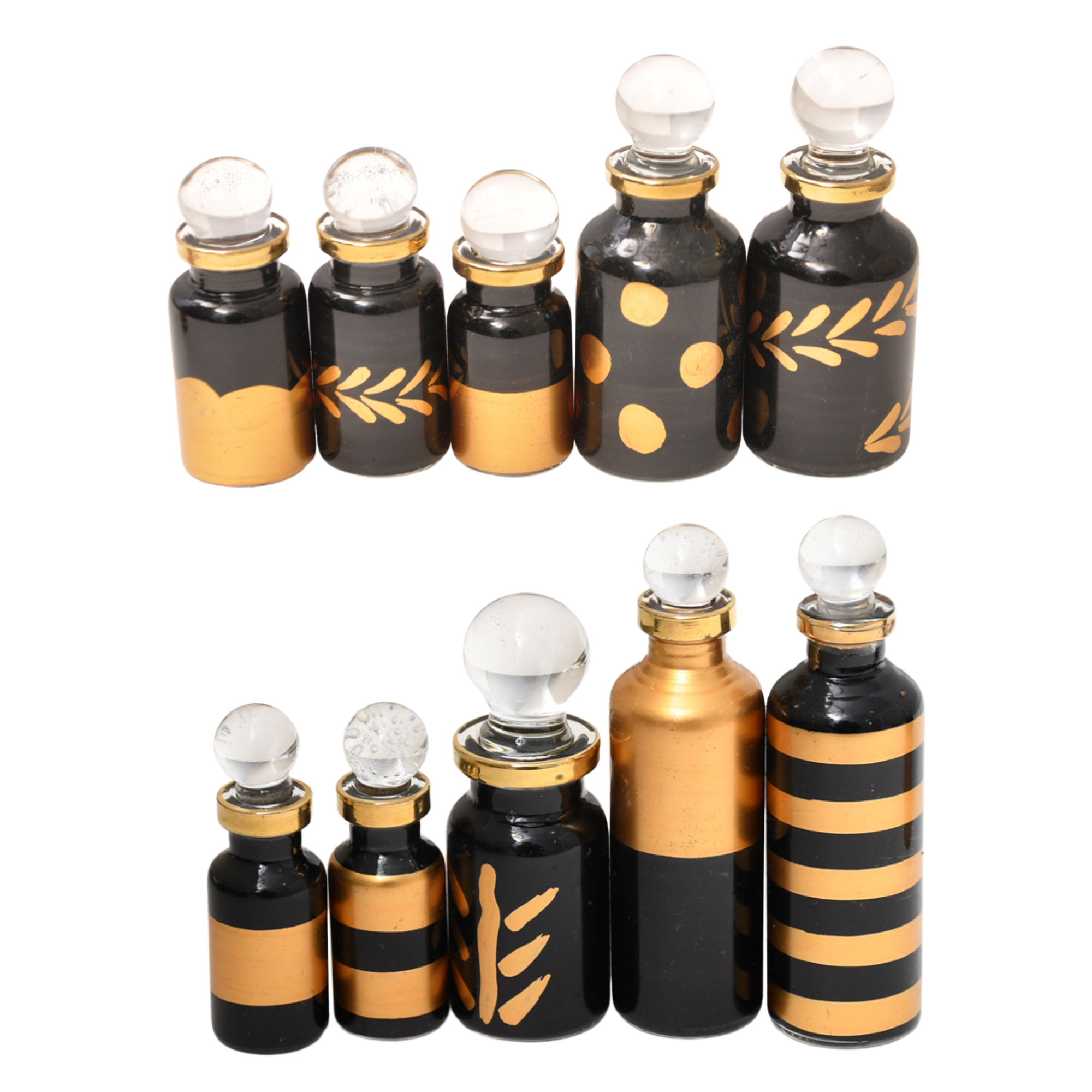 Genie Blown Glass Miniature Perfume Bottles for Perfumes and Essential Oils, Set of 10 Decorative Vials, Each 2" High (5cm), Black & Gold