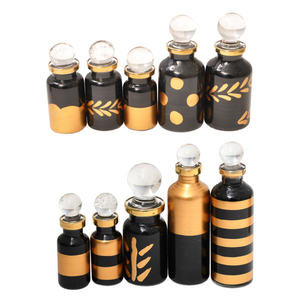 Genie Blown Glass Miniature Perfume Bottles for Perfumes and Essential Oils, Set of 10 Decorative Vials, Each 2" High (5cm), Black & Gold